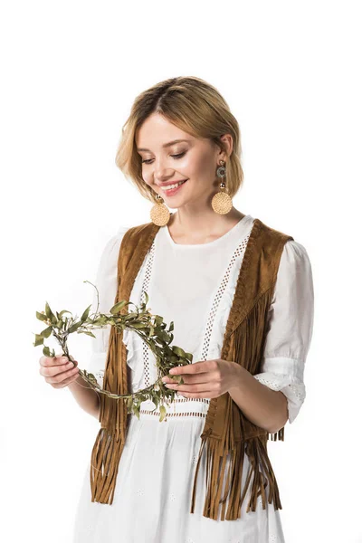 Smiling attractive boho girl with wreath isolated on white — Stock Photo
