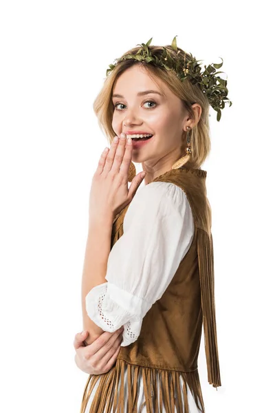 Pretty boho girl in wreath looking at camera isolated on white — Stock Photo
