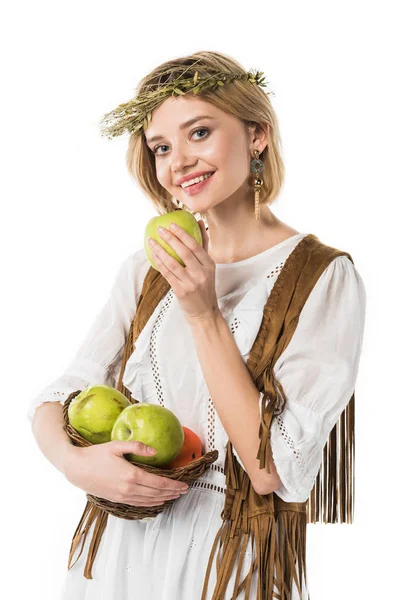 Pretty boho girl in wreath with ripe apples isolated on white — Stock Photo