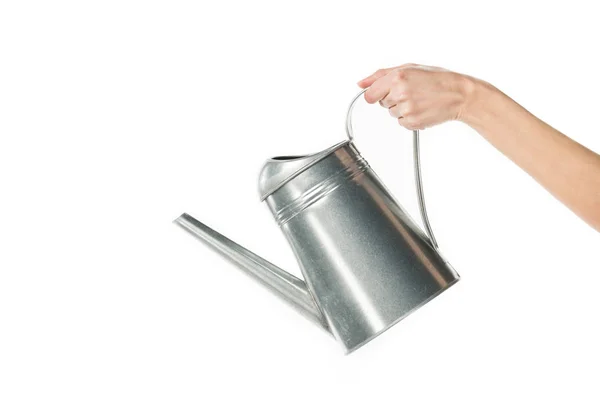 Cropped view of girl holding watering can isolated on white — Stock Photo