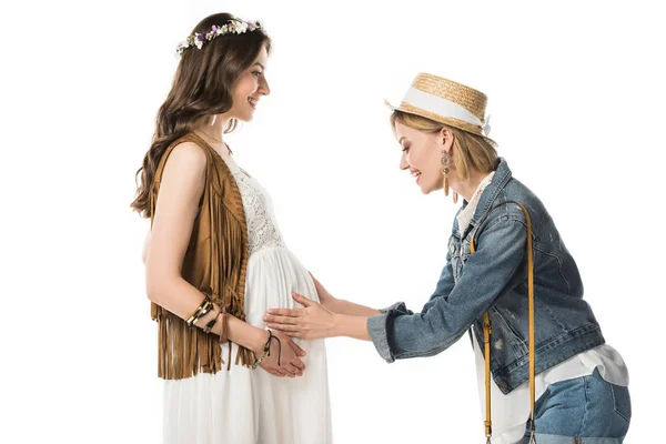 Bisexual hippie couple expecting baby isolated on white — Stock Photo