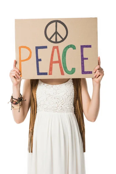 Pregnant hippie woman holding placard with inscription isolated on white — Stock Photo