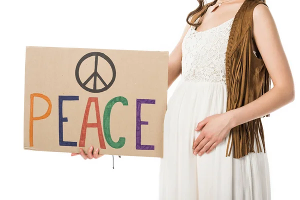 Partial view of pregnant woman holding placard with inscription isolated on white — Stock Photo