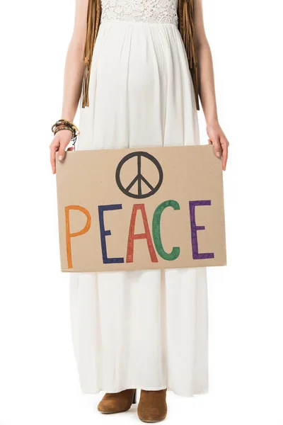 Partial view of pregnant woman holding placard with inscription isolated on white — Stock Photo