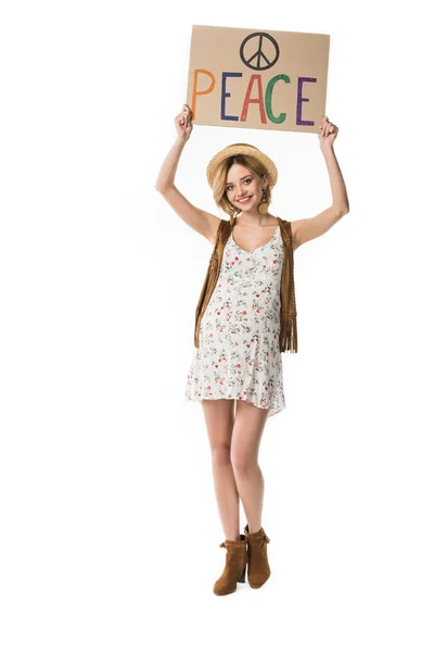 Full length view of pregnant hippie woman holding placard with inscription isolated on white — Stock Photo