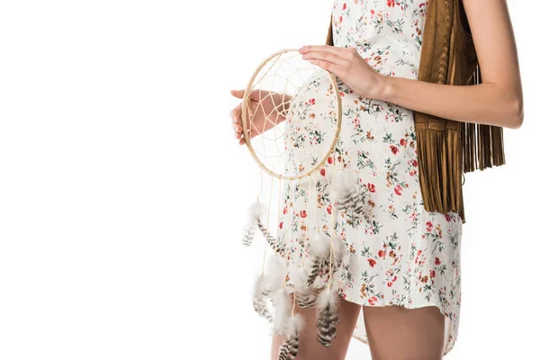Cropped view of pregnant woman holding dreamcatcher isolated on white — Stock Photo