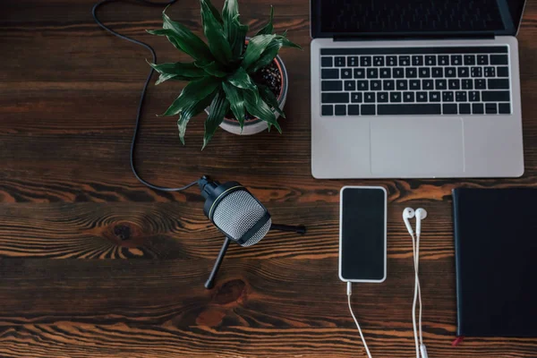 Vue de dessus de l'ordinateur portable, smartphone avec écran blanc, écouteurs, ordinateur portable, plante en pot et microphone sur table en bois — Photo de stock