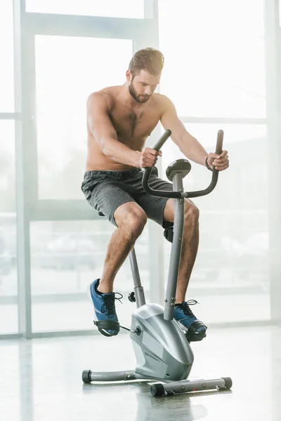 Apuesto deportista de entrenamiento en la máquina elíptica en el gimnasio con sol - foto de stock