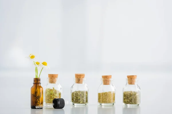 Pots en liège avec des herbes séchées près de la bouteille avec marguerites sur fond blanc avec espace de copie — Photo de stock