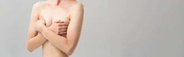 Panoramic shot of naked young woman covering breast isolated on grey — Stock Photo