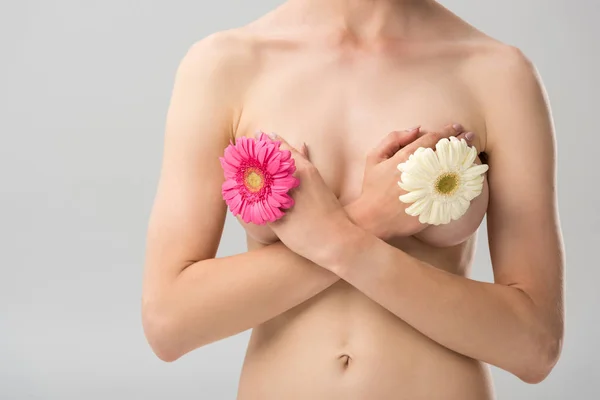 Partial view of naked young woman with flowers isolated on grey — Stock Photo