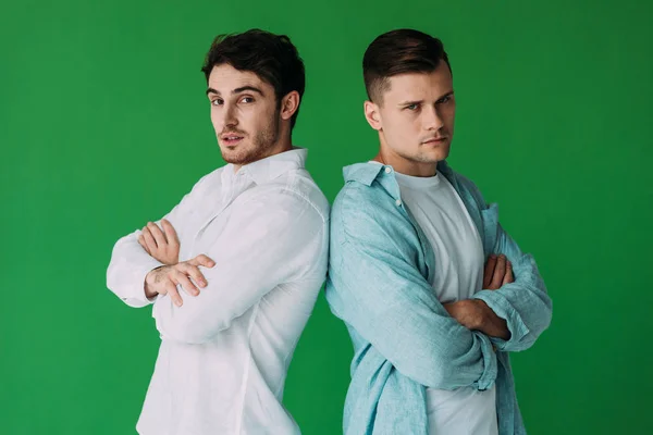 Two men standing with crossed arms and looking at camera isolated on green — Stock Photo