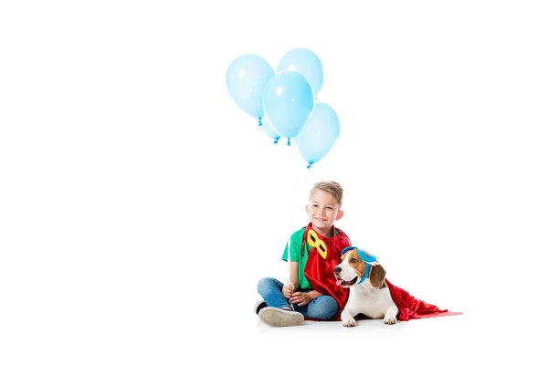 Lächelndes Vorschulkind und Beagle-Hund in roten Heldenmänteln mit blauen Partyballons auf weißem Grund — Stockfoto