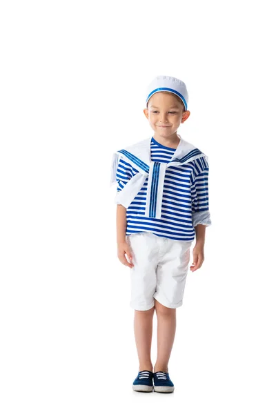 Full length view of smiling preschooler child in sailor costume isolated on white — Stock Photo