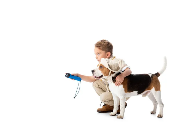 Smiling explorer child holding flashlight and embracing beagle dog in hat isolated on white — Stock Photo