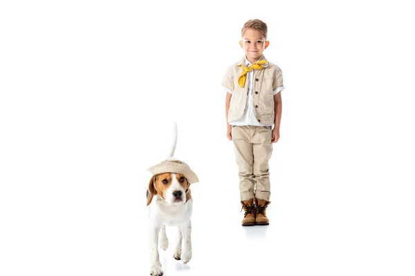 Vue pleine longueur de l'enfant explorateur souriant et chien beagle dans le chapeau isolé sur blanc — Photo de stock