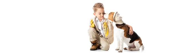 Панорамный снимок мальчика-исследователя, обнимающего собаку на белом фоне — стоковое фото