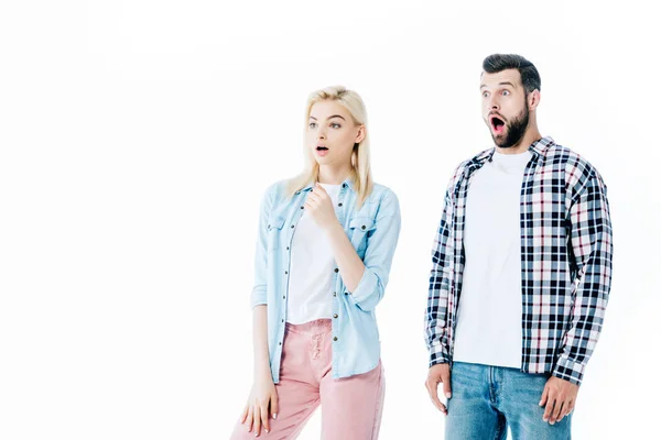 Shocked girl and man looking away Isolated On White — Stock Photo