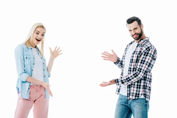 Heureux fille et l'homme geste avec ouvert paumes isolé sur blanc — Photo de stock