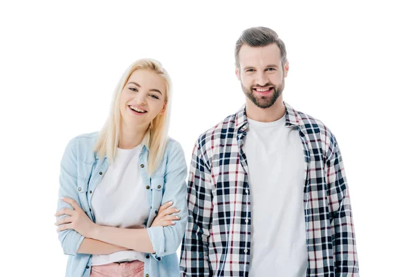 Schöne blonde Mädchen und glücklicher Mann, die Kamera isoliert auf weiß — Stockfoto