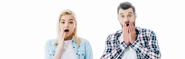 Panoramic shot of surprised girl and man covering mouths Isolated On White — Stock Photo