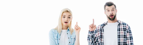 Panoramic shot of girl and man pointing with fingers up Isolated On White — Stock Photo
