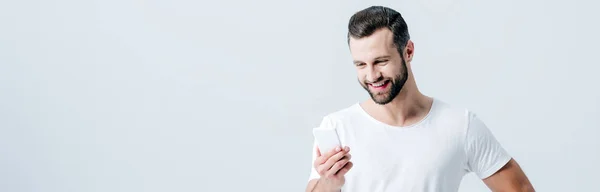 Colpo panoramico di uomo sorridente utilizzando smartphone isolato su grigio — Foto stock