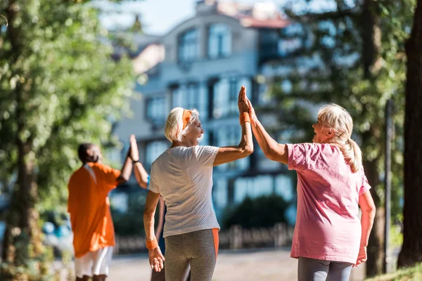 Focalizzazione selettiva di donne anziane felici dando alto cinque uomini pensionati quasi multiculturali nel parco — Foto stock