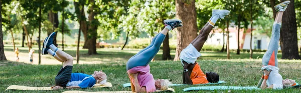 Panoramic shot of multicultural retired men and women exercising on fitness mats in park — Stock Photo