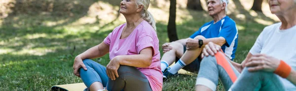 Panoramic shot of senior women and man sitting on fitness mats in park — Stock Photo