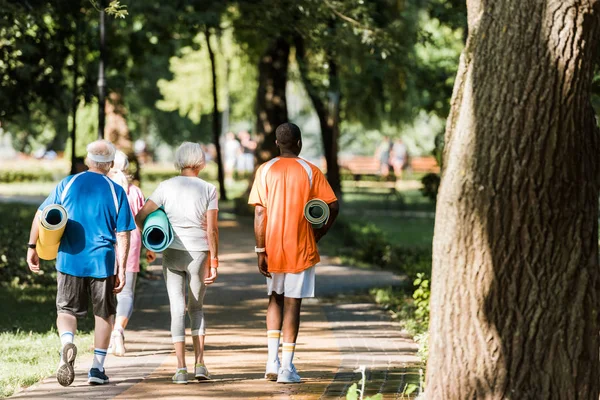 Vista posterior de los pensionistas de último año y multiculturales que tienen colchonetas de fitness y caminan en el parque - foto de stock