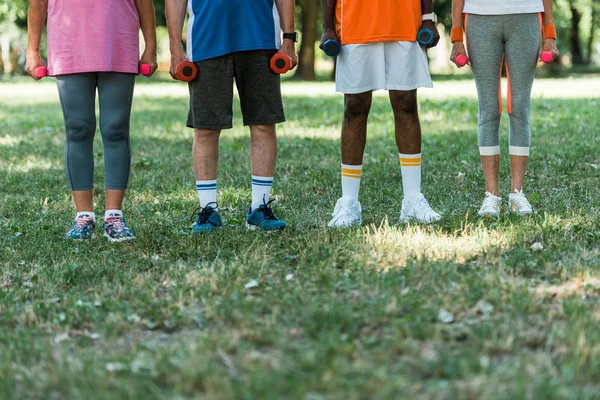 Ausgeschnittene Ansicht von multikulturellen Rentnern in Sportkleidung, die Hanteln halten, während sie auf Gras stehen — Stockfoto
