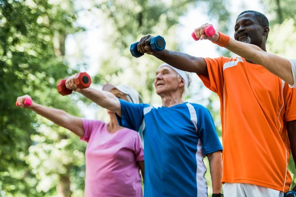 Низкий угол обзора пенсионеров в спортивной форме тренировки с гантелями в парке — стоковое фото