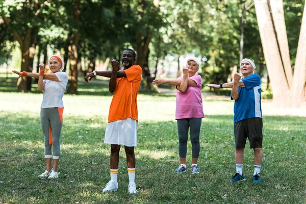 Heureux milticultural seniors femmes et hommes travaillant sur l'herbe dans le parc — Photo de stock