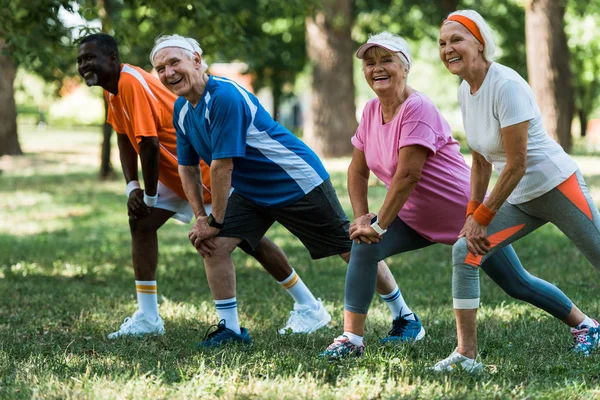 Happy senior and multicultural people exercising on grass — Stock Photo