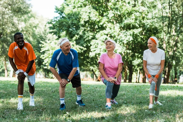 Pessoas seniores e multiculturais alegres fazendo exercício de alongamento na grama — Fotografia de Stock