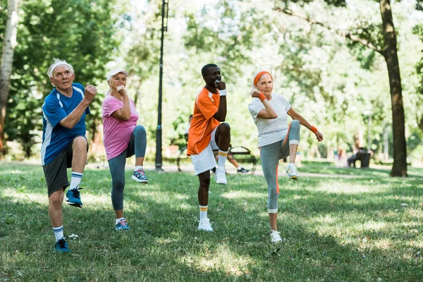Multikulturelle Rentnergruppe macht Übungen auf Gras — Stockfoto