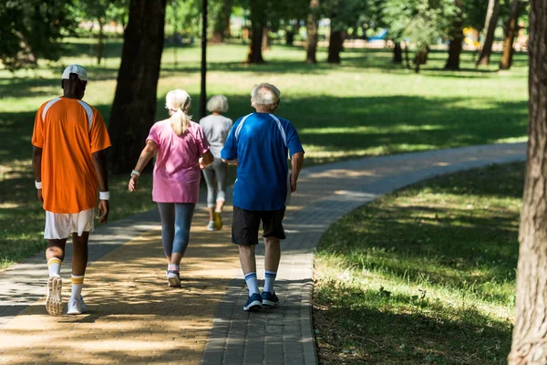 Vista trasera de pensionistas multiculturales jubilados en ropa deportiva caminando en la pasarela en el parque - foto de stock