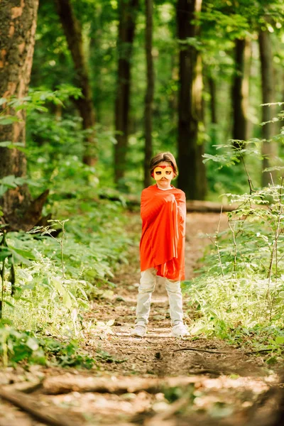 Vue pleine longueur du petit garçon en costume de super-héros debout dans la forêt — Photo de stock