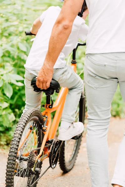 Recortado vista de padre sosteniendo sentarse de bicicleta mientras hijo a caballo - foto de stock