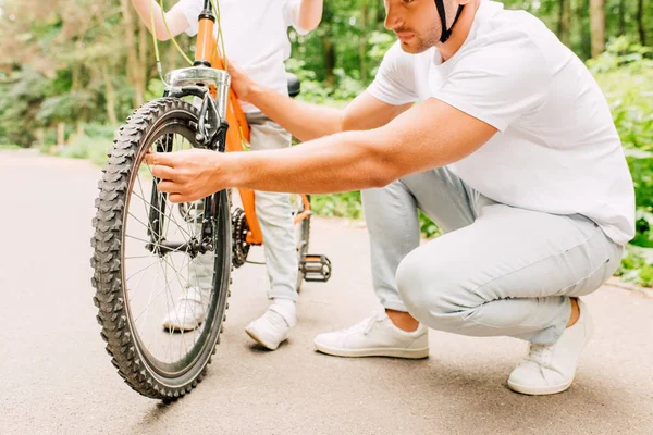 Vista recortada del padre en el casco de la rueda de control de la bicicleta, mientras que el hijo de pie por encima de la bicicleta - foto de stock