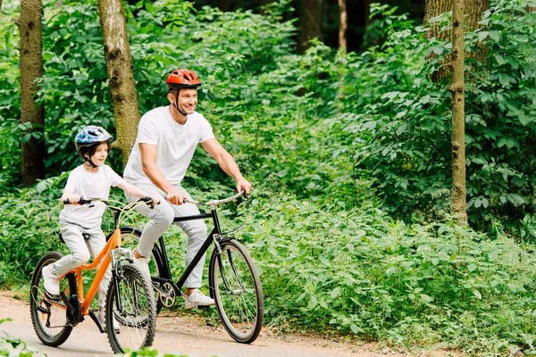 Padre e hijo sonriendo mientras andan en bicicleta por el bosque - foto de stock