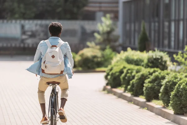 Vue arrière de l'homme afro-américain avec sac à dos à vélo le long des buissons verts — Photo de stock
