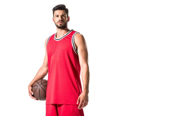 Handsome basketball player with ball looking at camera Isolated On White — Stock Photo