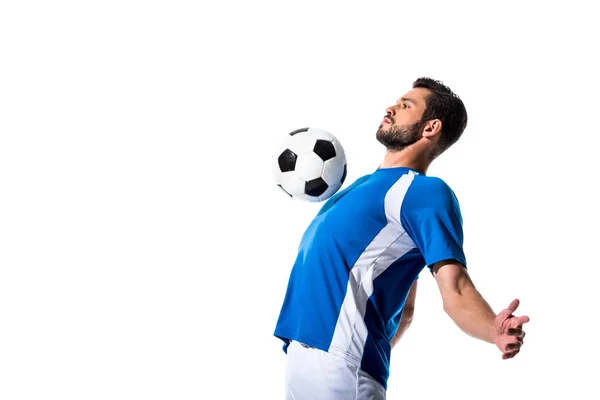 Beau joueur de football entraînement avec ballon isolé sur blanc avec espace de copie — Photo de stock