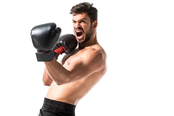 Boxeador sin camisa enojado en guantes de boxeo gritando aislado en blanco con espacio de copia - foto de stock