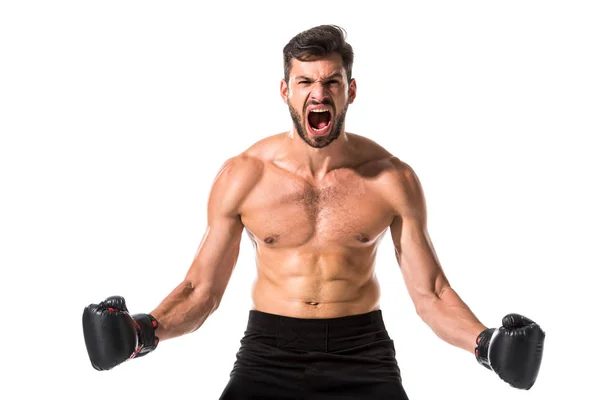 Boxeador sin camisa enojado en guantes de boxeo gritando aislado en blanco - foto de stock