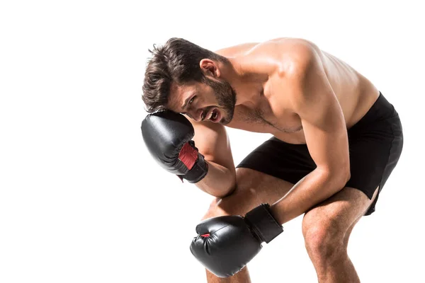Boxer sin camisa en guantes de boxeo aislado en blanco con espacio de copia - foto de stock