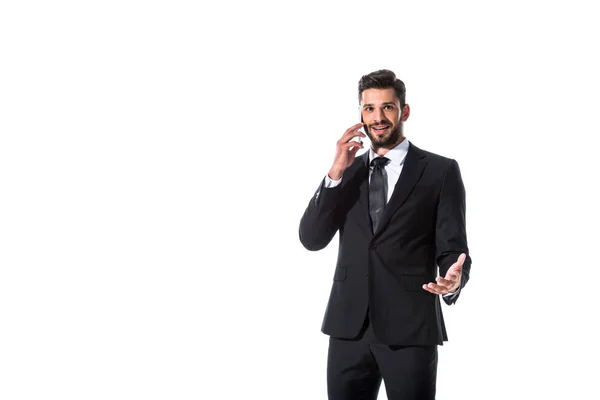 Homme d'affaires parlant sur smartphone isolé sur blanc avec espace de copie — Photo de stock