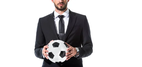 Panoramic shot of businessman in formal wear with soccer ball Isolated On White — Stock Photo